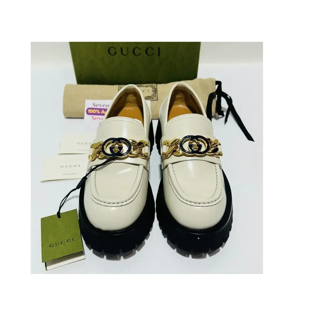 NIB Gucci Jeanne Interlocking G EU 38 Loafers White Leather Lug Sole Shoes $1190